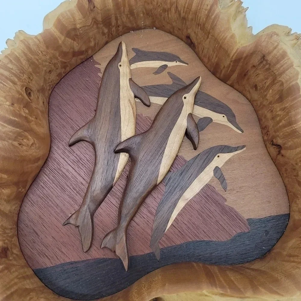Dolphins In Burl Scott Leech Wooden Sculpture Mosiac Natural Signed 14